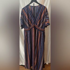 BloomChic Navy and Orange Striped Midi Dress